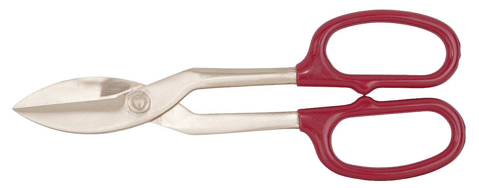 Eine rote Blechschere mit robusten Griffen und scharfen Klingen. Sie wird zum Schneiden von Metallblechen verwendet.