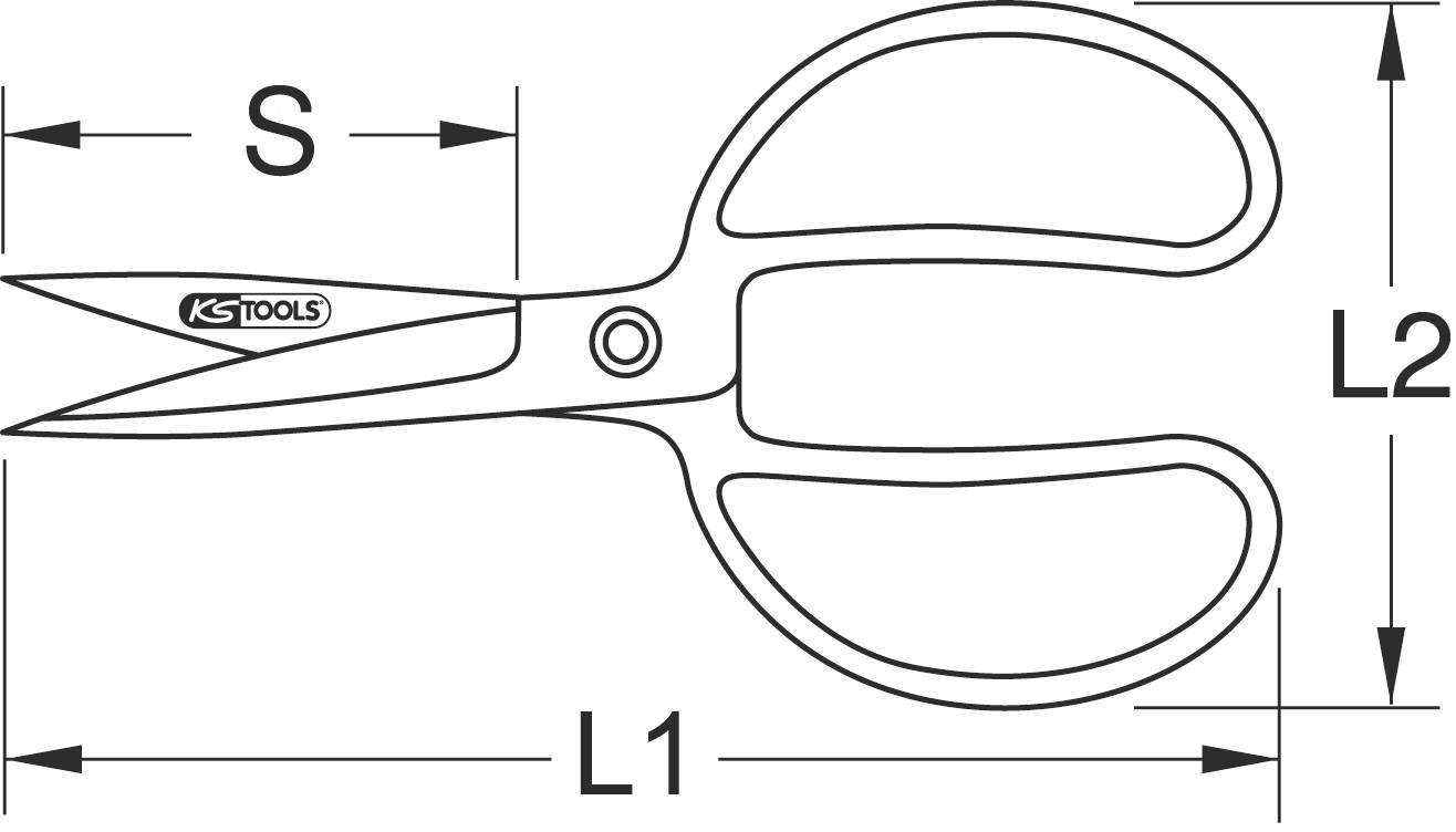 Eine Schere mit Markierung 'KS Tools,' Maßangaben L1, L2 und S, die Länge, Breite und Griffgröße anzeigen.