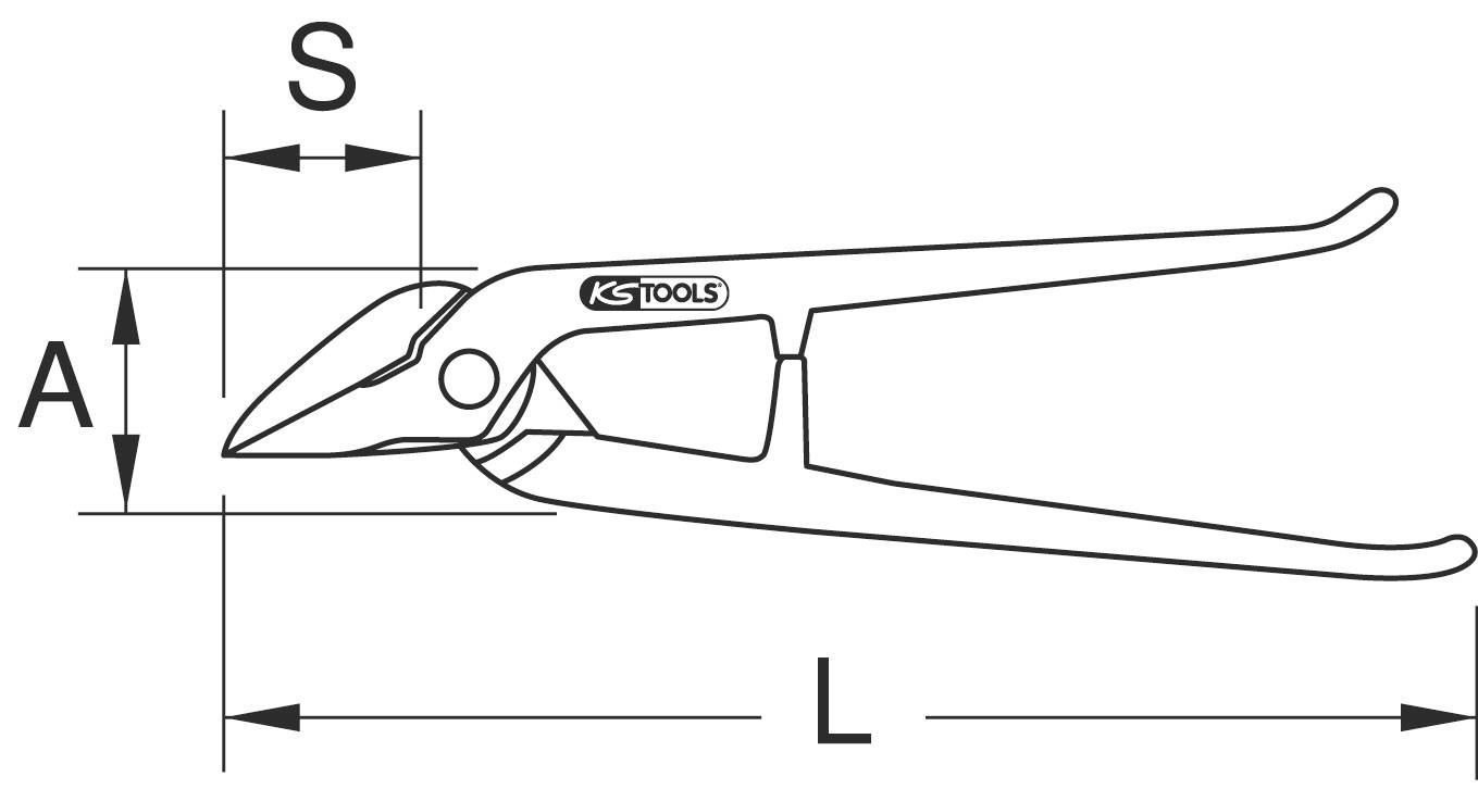Abbildung einer Zange mit den Maßen A, S und L; geeignet für technische Katalog- oder Bedienungsanleitungskontexte.