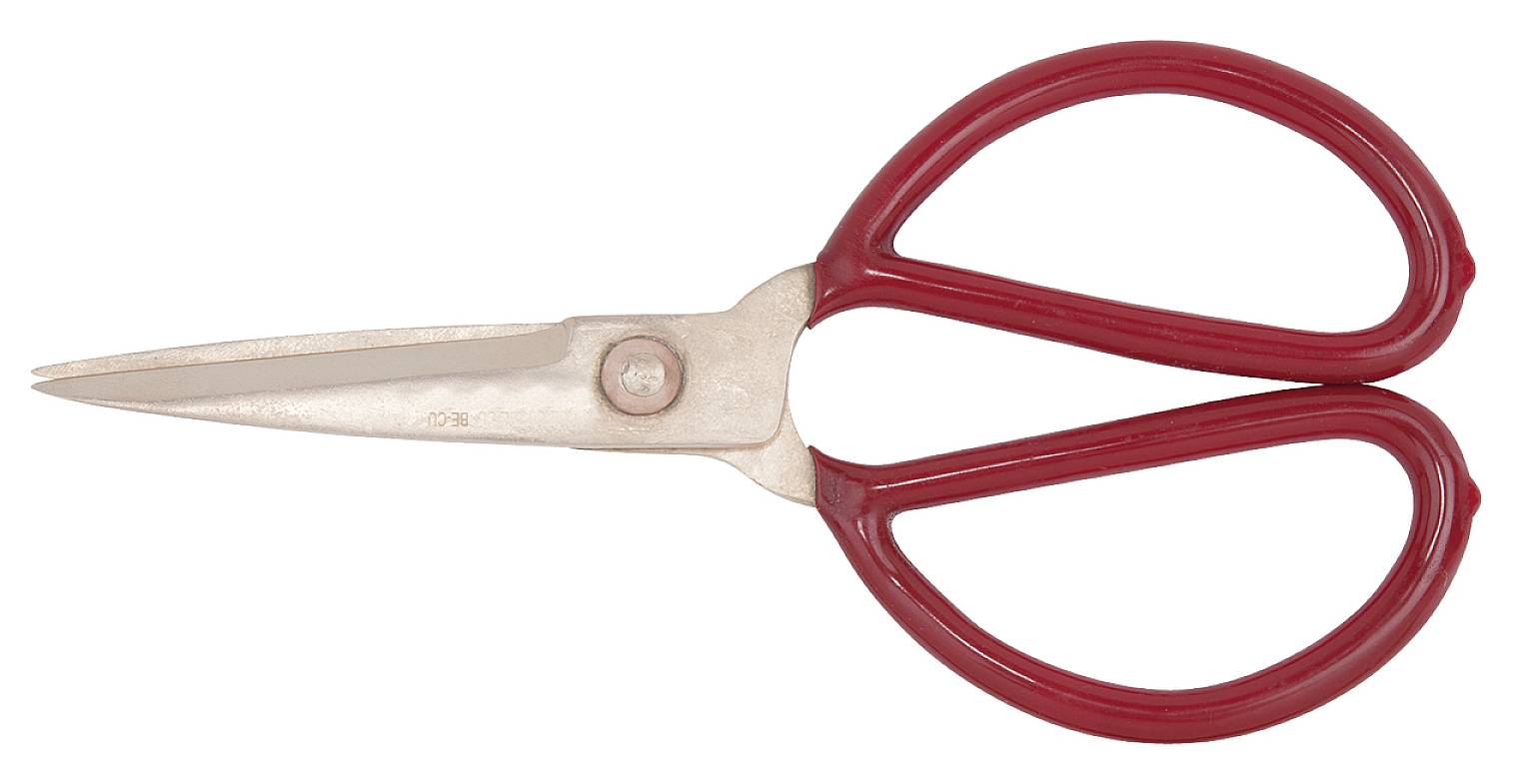 Eine rote Schere mit kurzen, scharfen Klingen liegt geschlossen. Sie hat einen Metallkörper und Plastikgriffe.