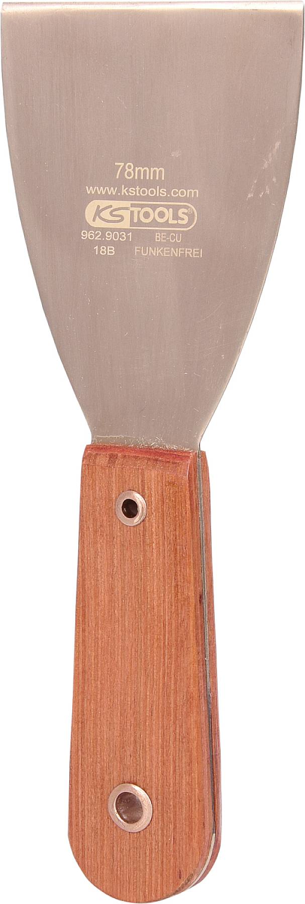 Eine Spachtel mit Holzgriff und 78 mm breiter Metallklinge. Auf der Klinge sind Markierungen mit Herstellerinformationen zu sehen.