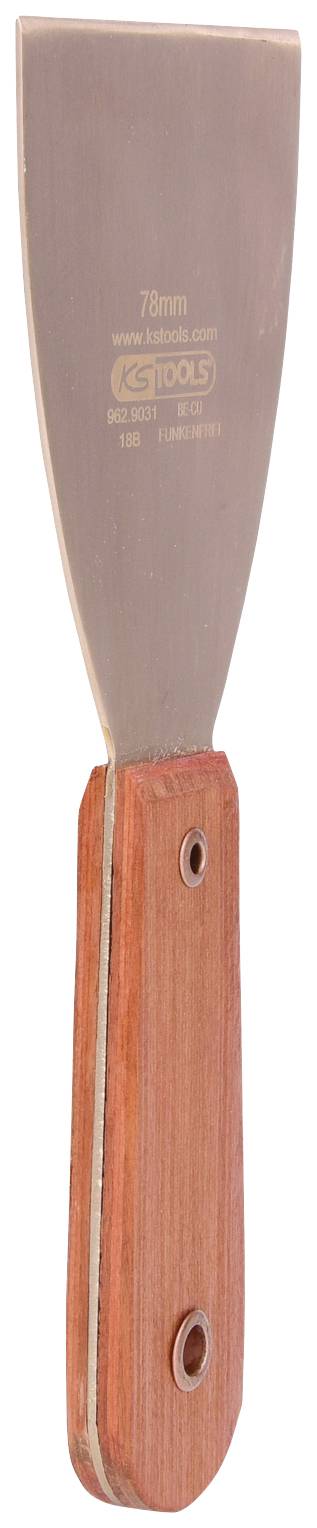 Spachtel mit breiter, flacher Klinge und hölzernem Griff, ideal zum Glätten und Entfernen von Materialien auf Oberflächen.