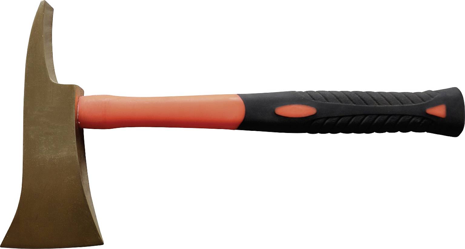 Ein Hammer mit einem orange-schwarzen Griff und einem bronzefarbenen Kopf, geeignet für verschiedene Bauarbeiten.