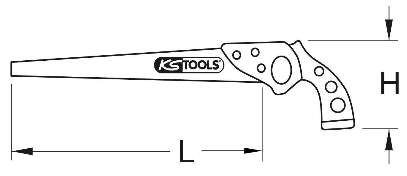 Handbügel-Säge zeigt Klingenlänge 'L' und Höhe 'H', mit ergonomischem Griff und KS Tools-Logo.