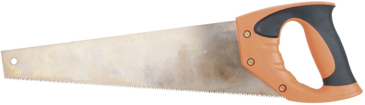 Handsäge mit orangenem Griff und gezacktem Metallblatt, ideal zum Schneiden von Holz.