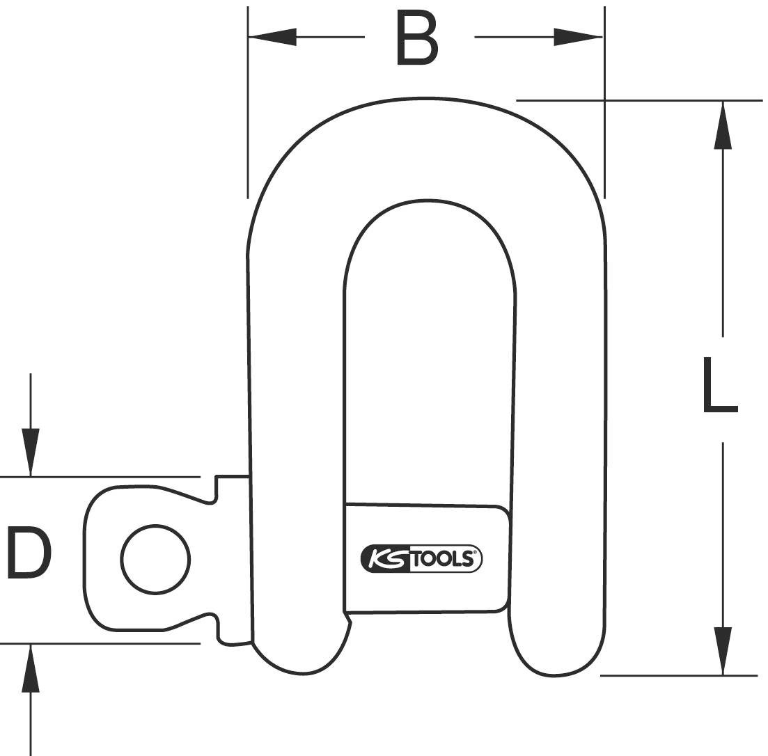 Technische Zeichnung eines Schäkel mit den Maßen B, L und D. Links ist das KS Tools Logo sichtbar.