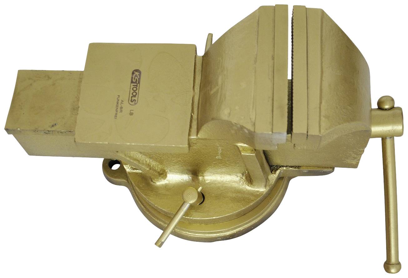 Ein goldfarbener Schraubstock aus Metall mit drehbarer Basis.