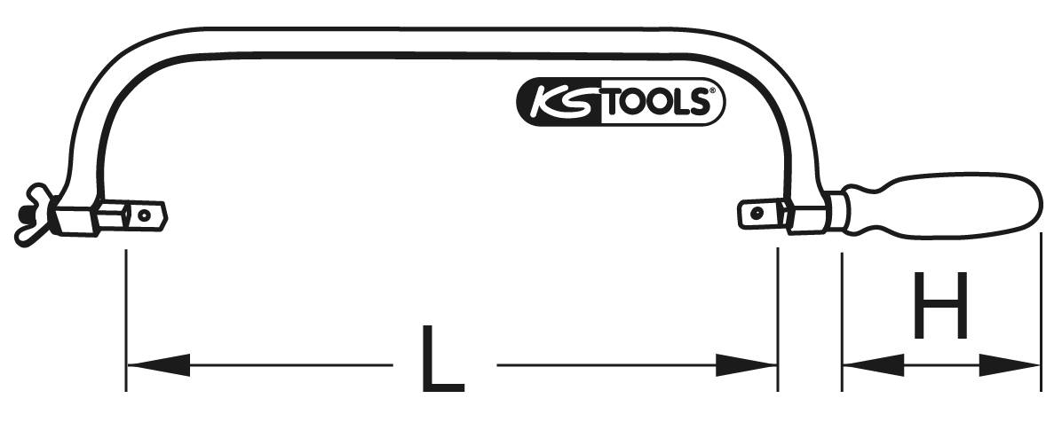 Bügelsäge von KS Tools, zeigt Maße L für Länge und H für Höhe, mit Holzgriff und Metallsägeblatt, Abbildung in Schwarz-Weiß.