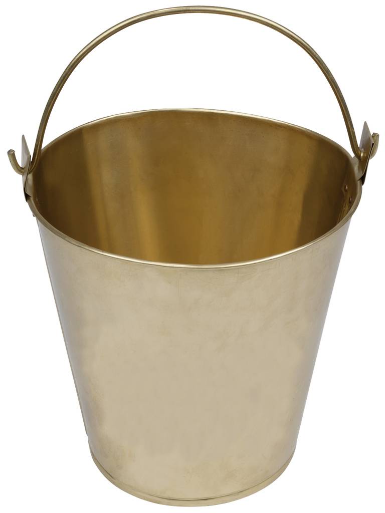 Ein goldener Eimer mit Henkel, einfach gestaltet und aus glänzendem Metall gefertigt.