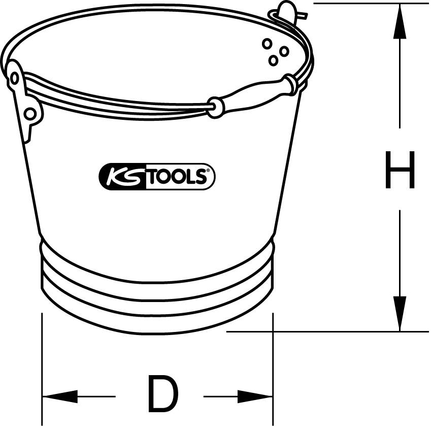 Eimer mit Armatur, Aufdruck 'KS Tools'. Maße: Durchmesser (D) und Höhe (H) angegeben.