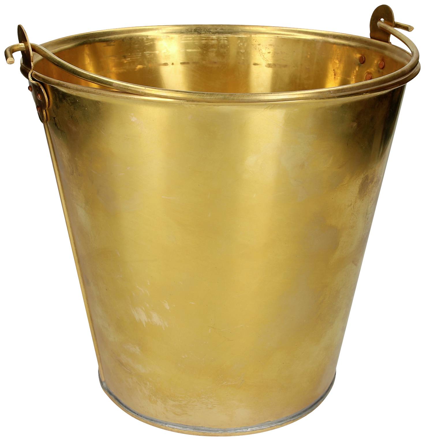 Goldener Eimer mit glänzender Oberfläche, zwei Henkeln an den Seiten.
