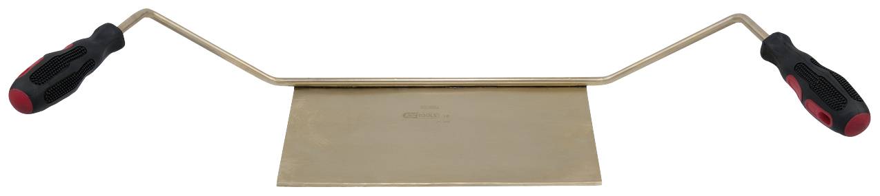 Ein rechteckiges Metallwerkzeug mit zwei roten und schwarzen Griffen an den Enden eines gebogenen Bügels.