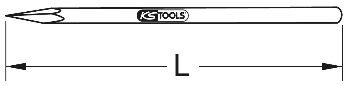 Abbildung eines Spitzmeißels mit 'KS Tools'-Logo. Der Meißel zeigt Pfeilrichtungen an beiden Enden, um die Länge (L) zu verdeutlichen.