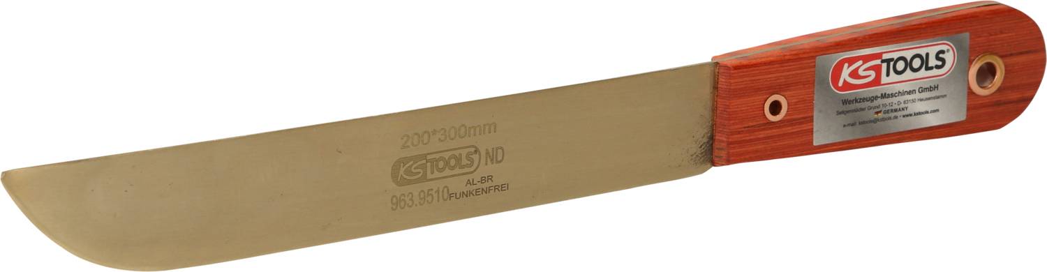 'KS Tools' Abziehmesser mit rotem Holzgriff, geeignet zum Entfernen von Dichtungen. Länge 200 mm, Klinge mit gerundeter Spitze.