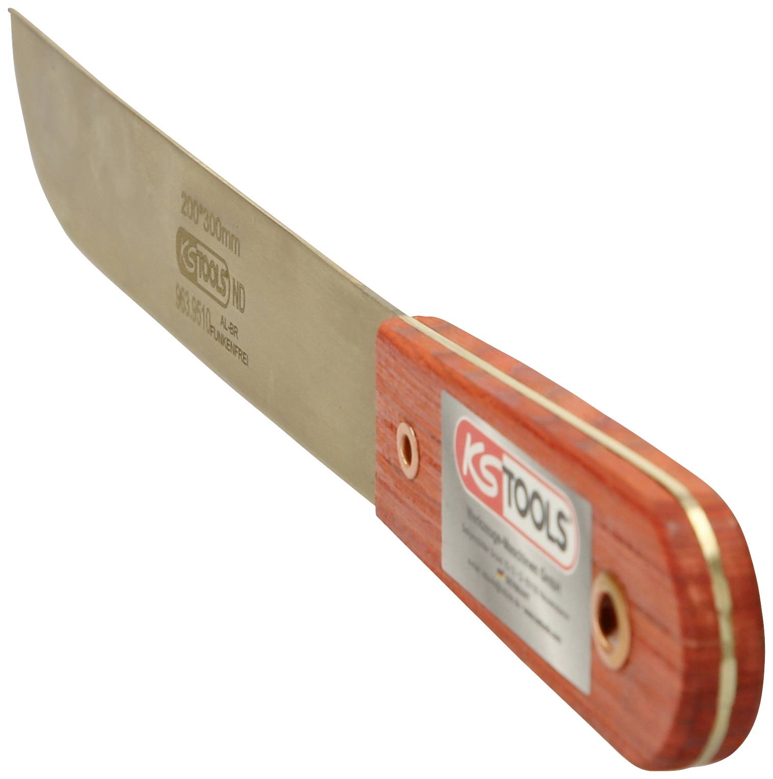 'Dolchförmiges Messer mit rotem Holzgriff und silberner Klinge. Etikett mit der Aufschrift 