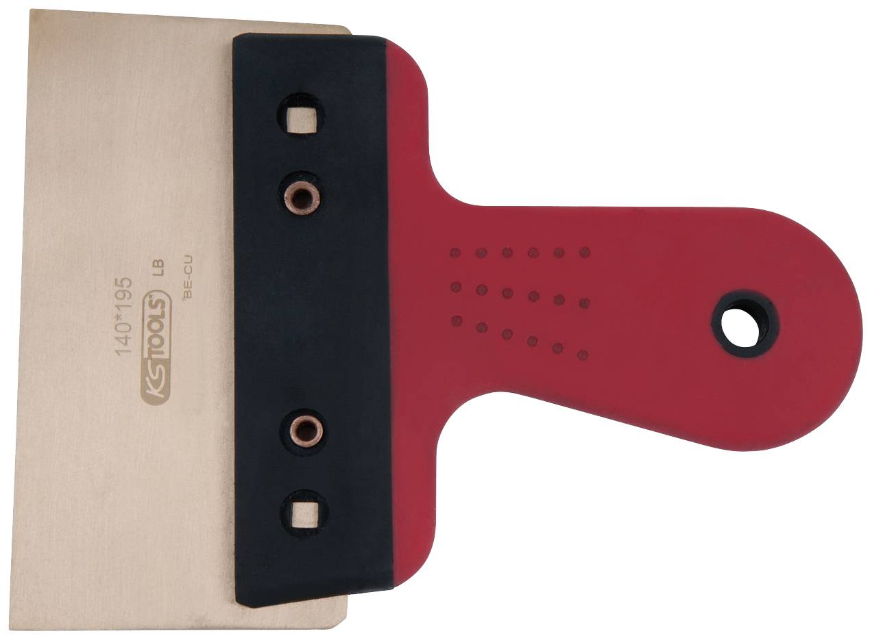 Rotes Spachtelwerkzeug mit Holzgriff und metallischer Klinge, geeignet für Abstreifen oder Glätten von Materialien.