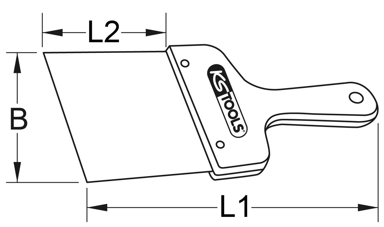 Schema eines KS Tools Malerspachtels mit rechteckiger Klinge. Maße L1, L2 und B sind angegeben.