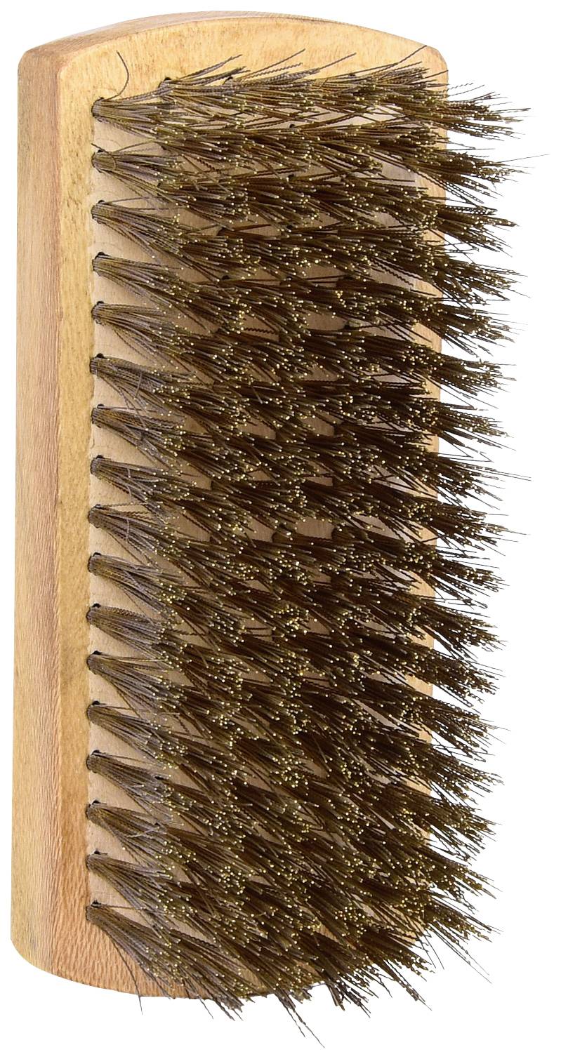 Holzbürste mit dicht angeordneten, dunklen Naturborsten, ideal zur Pflege von Leder oder Stoffoberflächen.