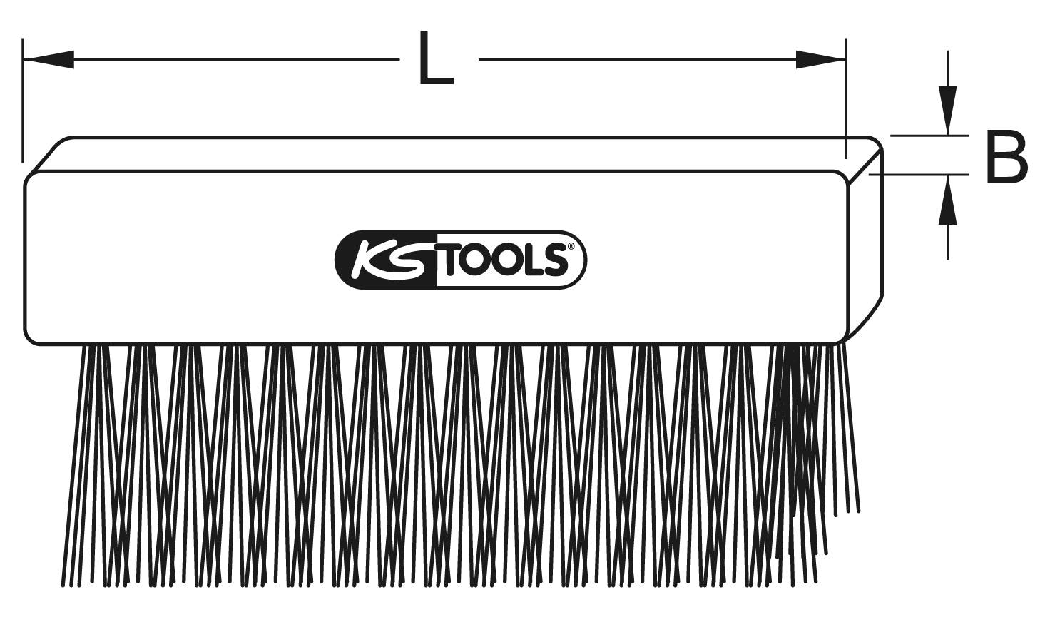 Drahtbürste der Marke KS Tools mit rechteckigem Griff; Maße L und B illustriert. Geeignet zur Reinigung und Oberflächenbearbeitung.