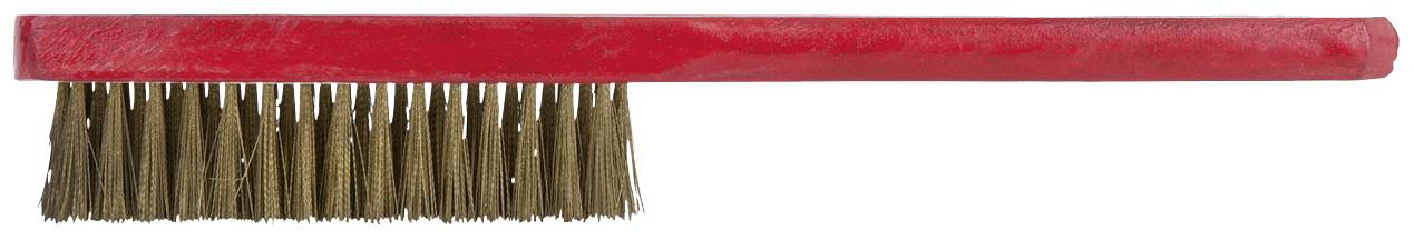 Rote Drahtbürste mit Holzgriff, seitlich dargestellt. Bürste hat dicht gepackte, metallische Borsten. Geeignet zum Reinigen von Oberflächen.