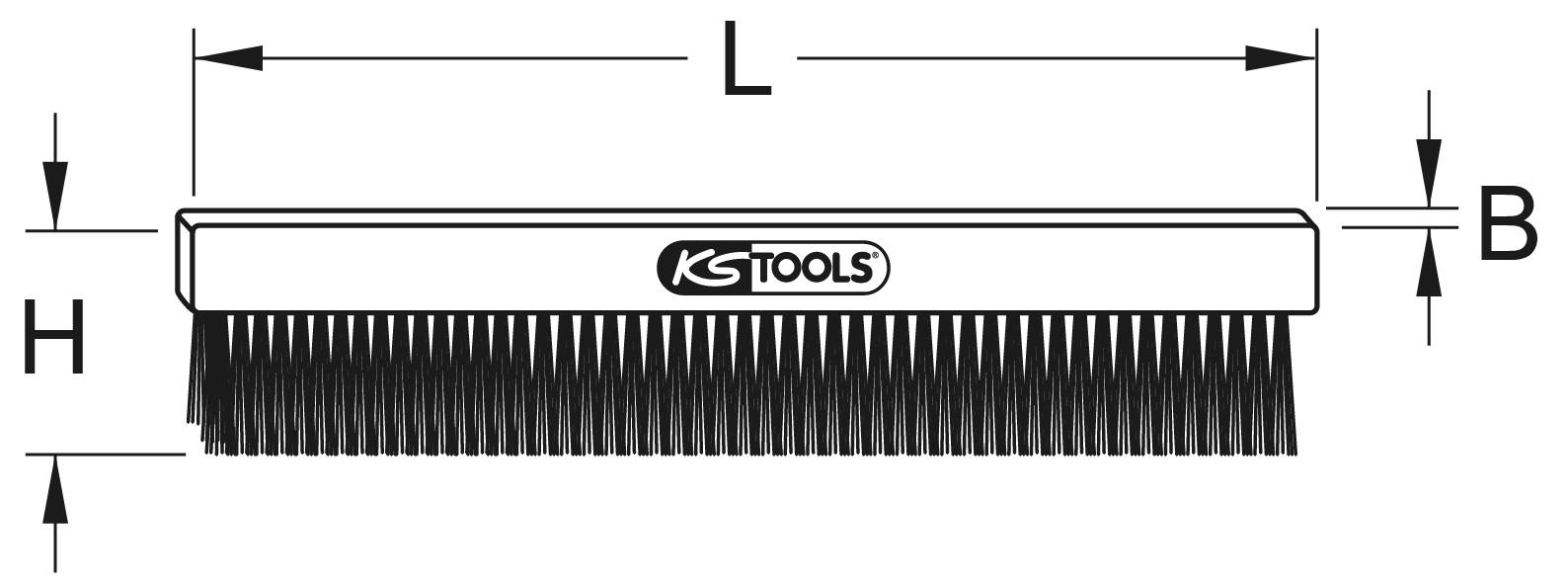 Illustration einer Drahtbürste von KS Tools, zeigt die Abmessungen L für Länge, H für Höhe und B für Breite.