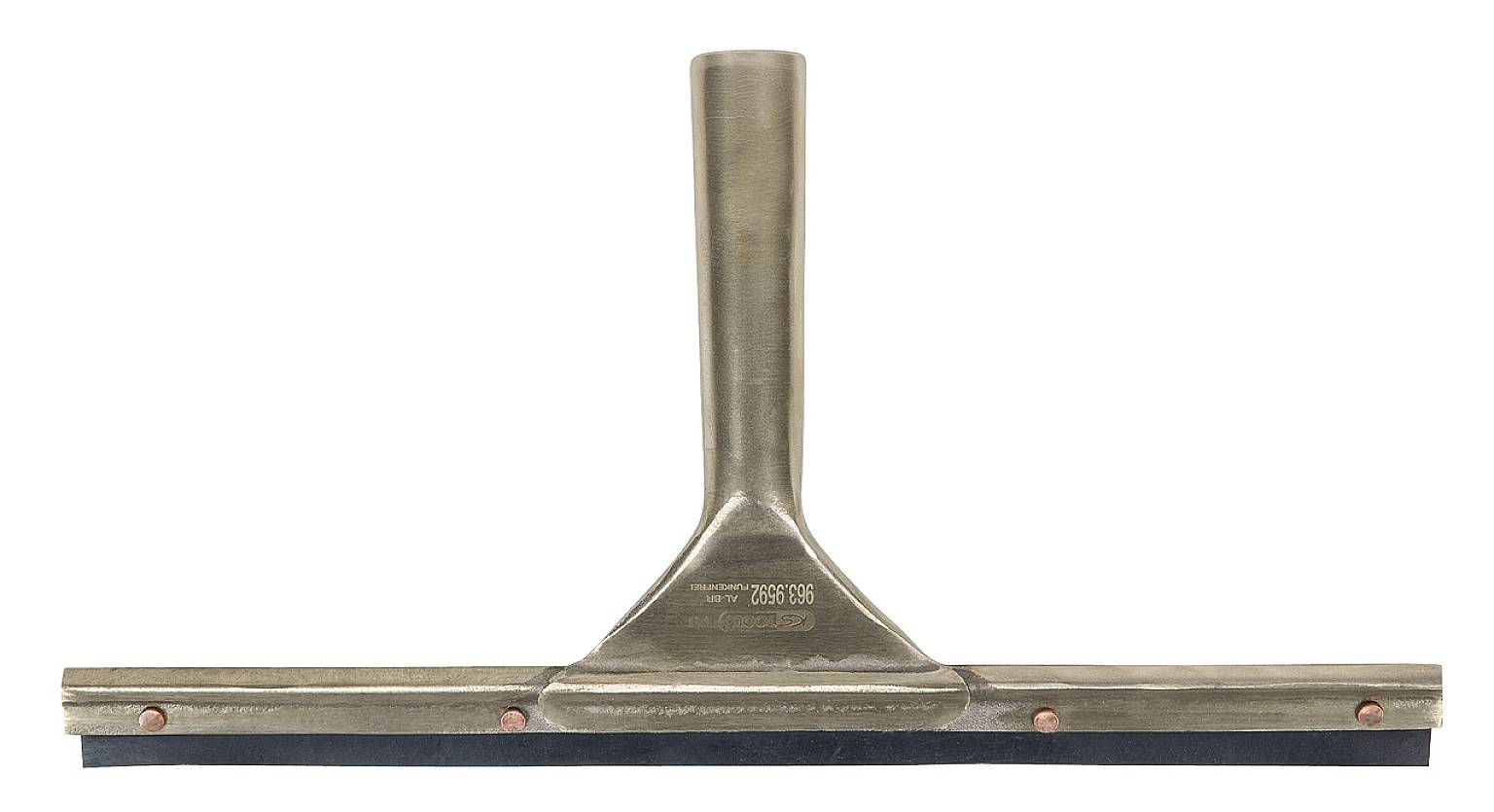 Fensterabzieher aus Metall mit einem schwarzen Gummistreifen.
