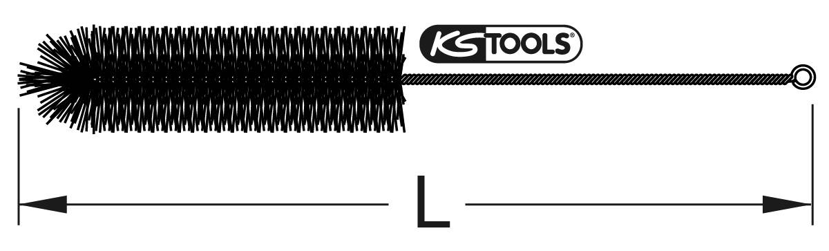 'Bürstenreiniger von KS Tools', abgebildet in einer schematischen Seitenansicht mit Pfeil, der die Gesamtlänge 'L' anzeigt.