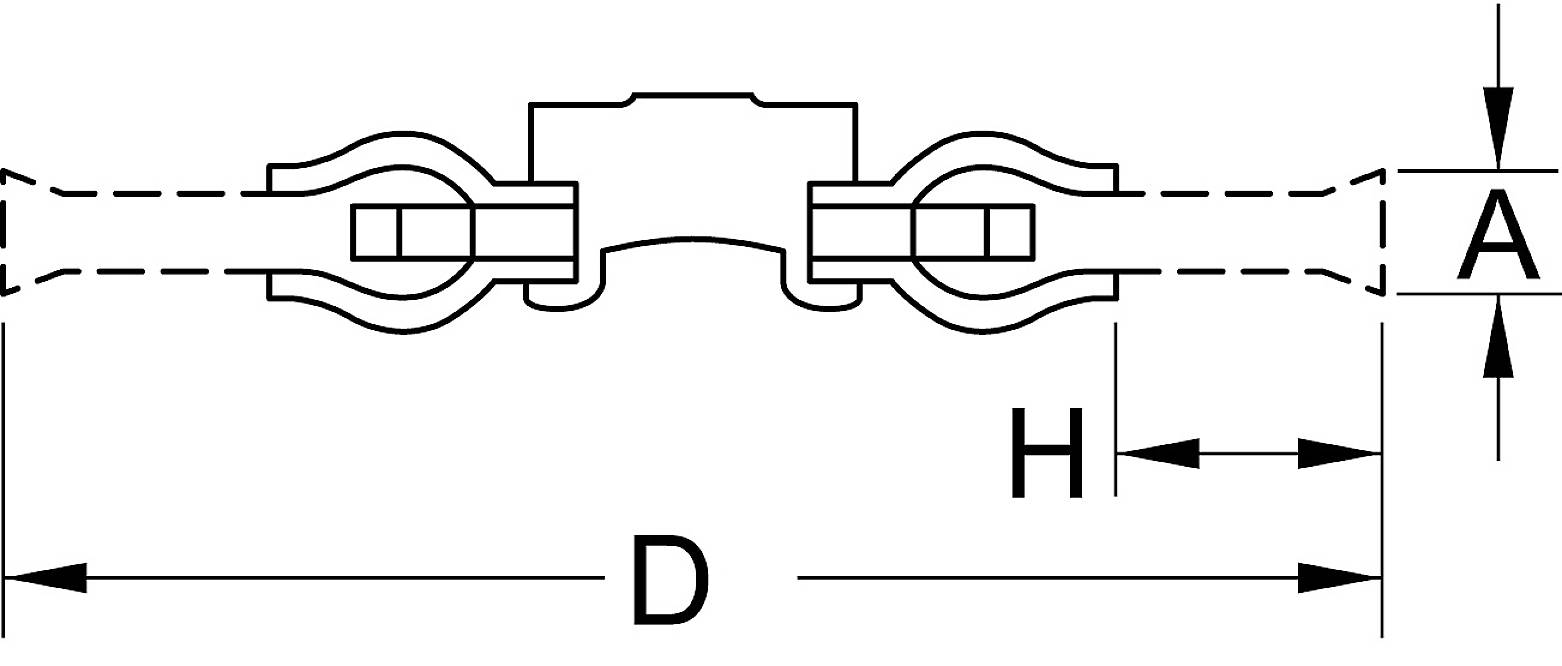 Technische Zeichnung eines Rohrverbinders mit den Maßen: Breite (A), Tiefe (H) und Länge (D) angegeben. Linien zeigen Verbindungen.