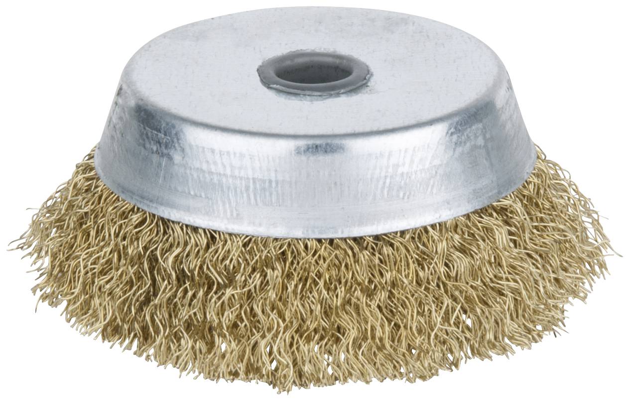 Metallbürstenaufsatz mit dichten Borsten und silbernem Gehäuse, geeignet für die Reinigung oder den Abtrag von Materialien.