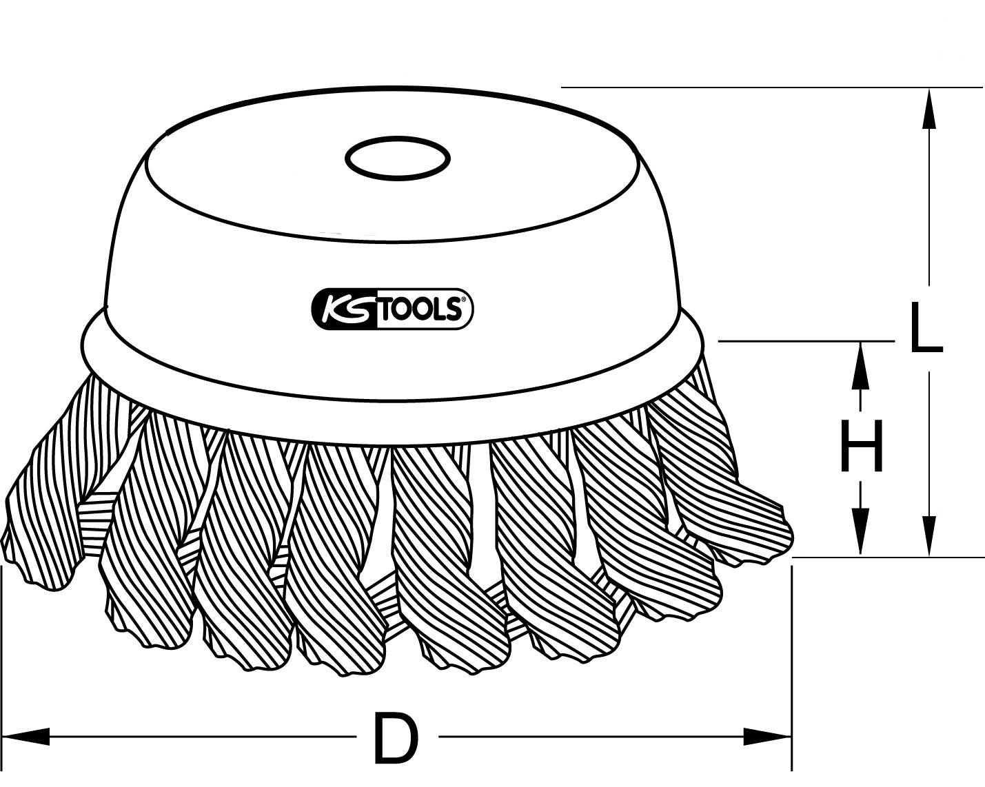 Diagramm einer Topfbürste von KS Tools mit verdrehten Drahtborsten. Maße: Durchmesser (D), Höhe Borsten (H), Gesamthöhe (L).