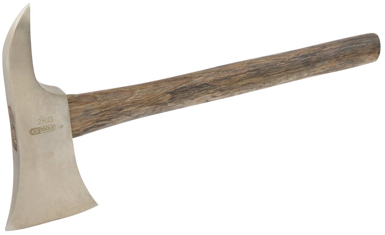 Eine Axt mit einem hölzernen Griff und einem 2-kg-Stahlkopf. Die Klinge ist scharf und leicht gekrümmt.
