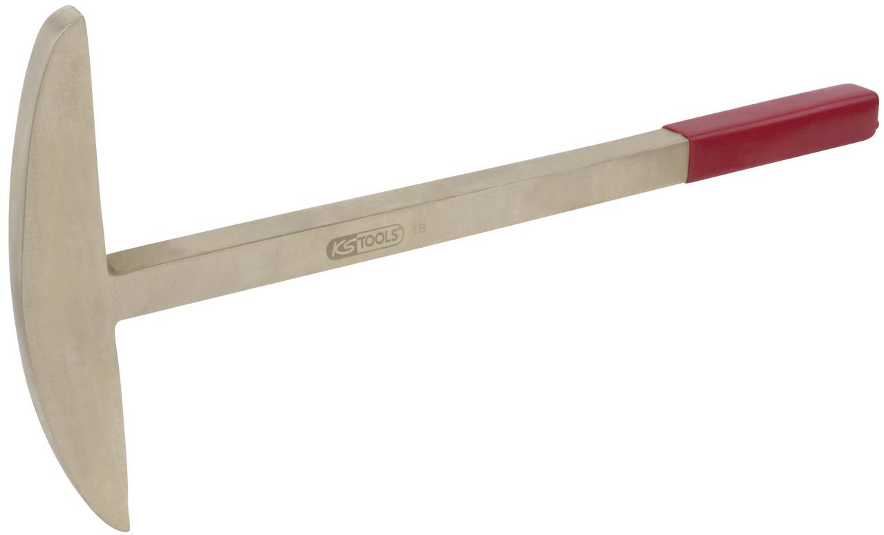 Ein goldfarbenes Werkzeug mit T-Form, dünnem Griff und rotem Gummigriffstück. Verwendet für Werkstatt- oder Reparaturarbeiten.