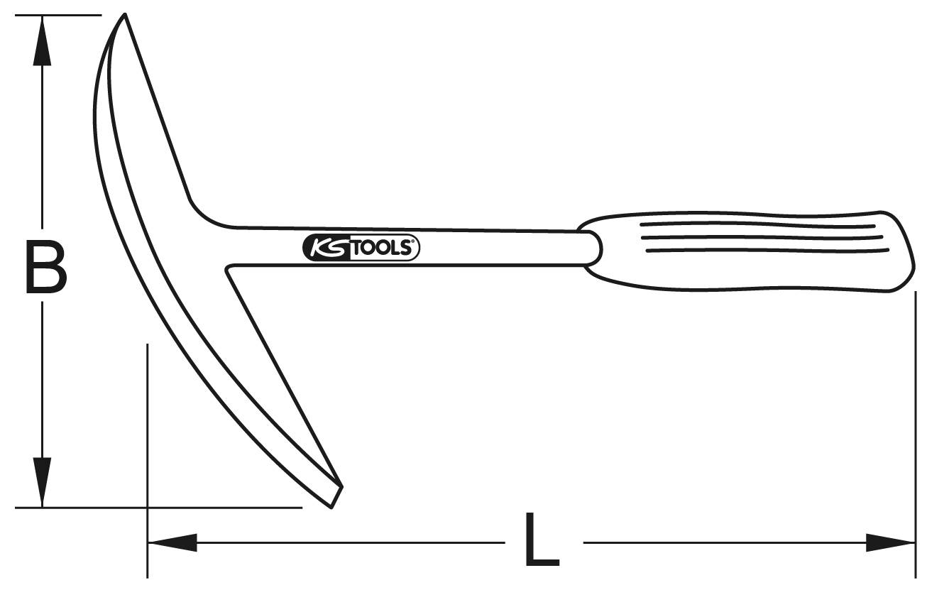 Zeichnung eines T-Hammers mit Griff und Kopf. Maße 'B' und 'L' markieren Höhe und Länge. Sichtbar ist das KS Tools Logo auf dem Stiel.