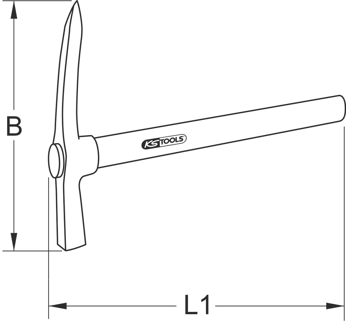 Zeichnung eines Spitzhammers mit der Aufschrift 'KS Tools'. Die Abmessungen sind mit 'B' für die Höhe und 'L1' für die Länge gekennzeichnet.