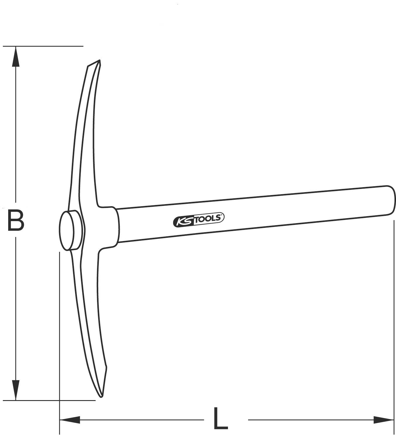 Zeichnung eines Pickhammers mit den Maßen L und B gezeigt. Markennamen 'KS Tools' auf dem Griff.