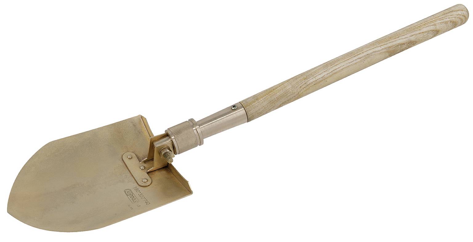 Eine hölzerne Schaufel mit einem metallischen Schaufelkopf. Ideal für Gartenarbeiten und Erdbewegungen.