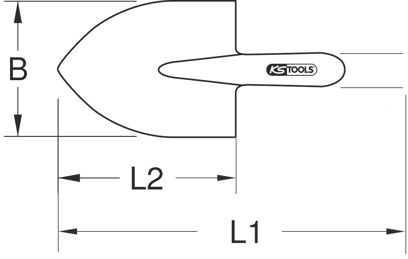 Diagramm einer Pflanzkelle mit Markierungen: Länge (L1, L2) und Breite (B). Werkzeug von 'KS Tools' beschriftet.