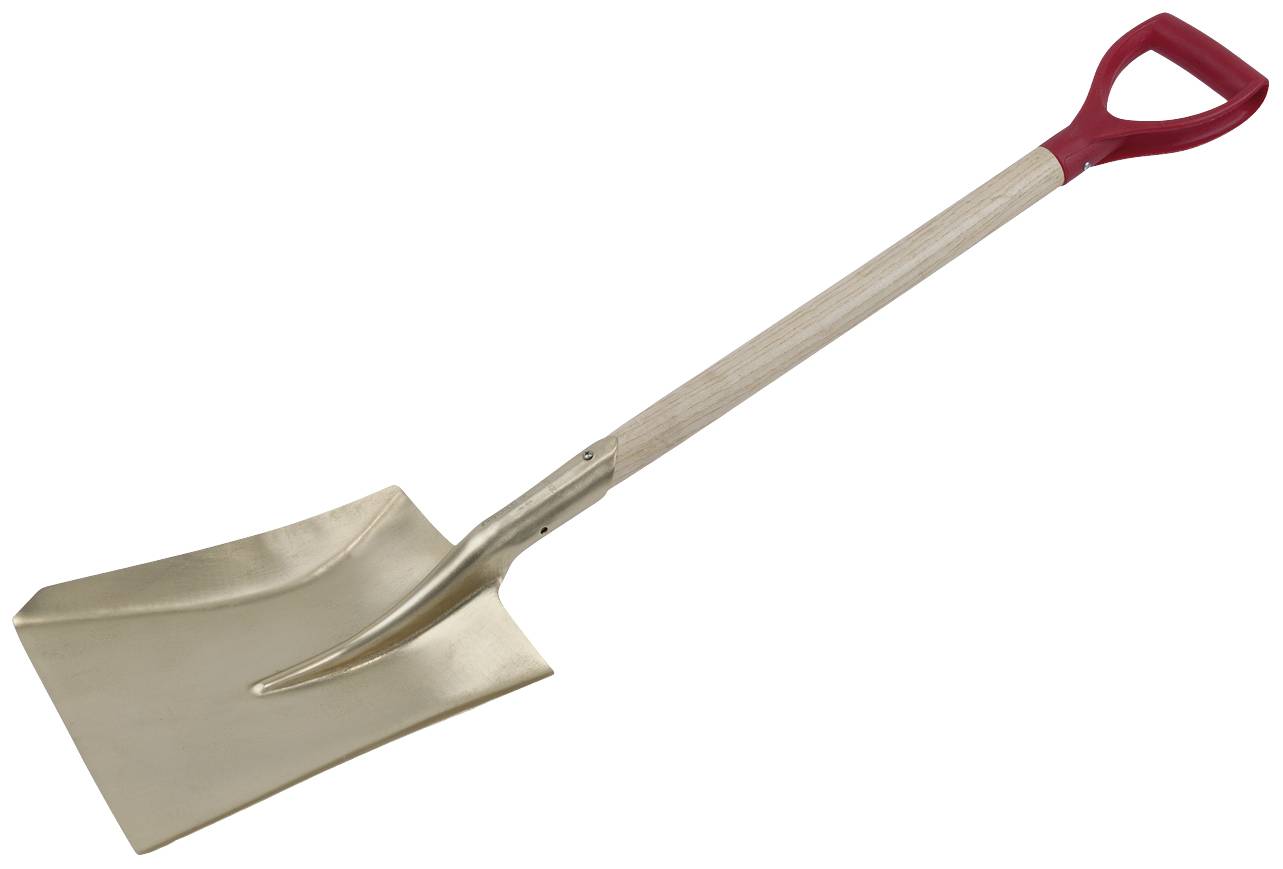 Eine goldfarbene Schaufel mit einem langen Holzgriff und einem roten Kunststoffgriff. Ideal für Garten- oder Bauarbeiten.