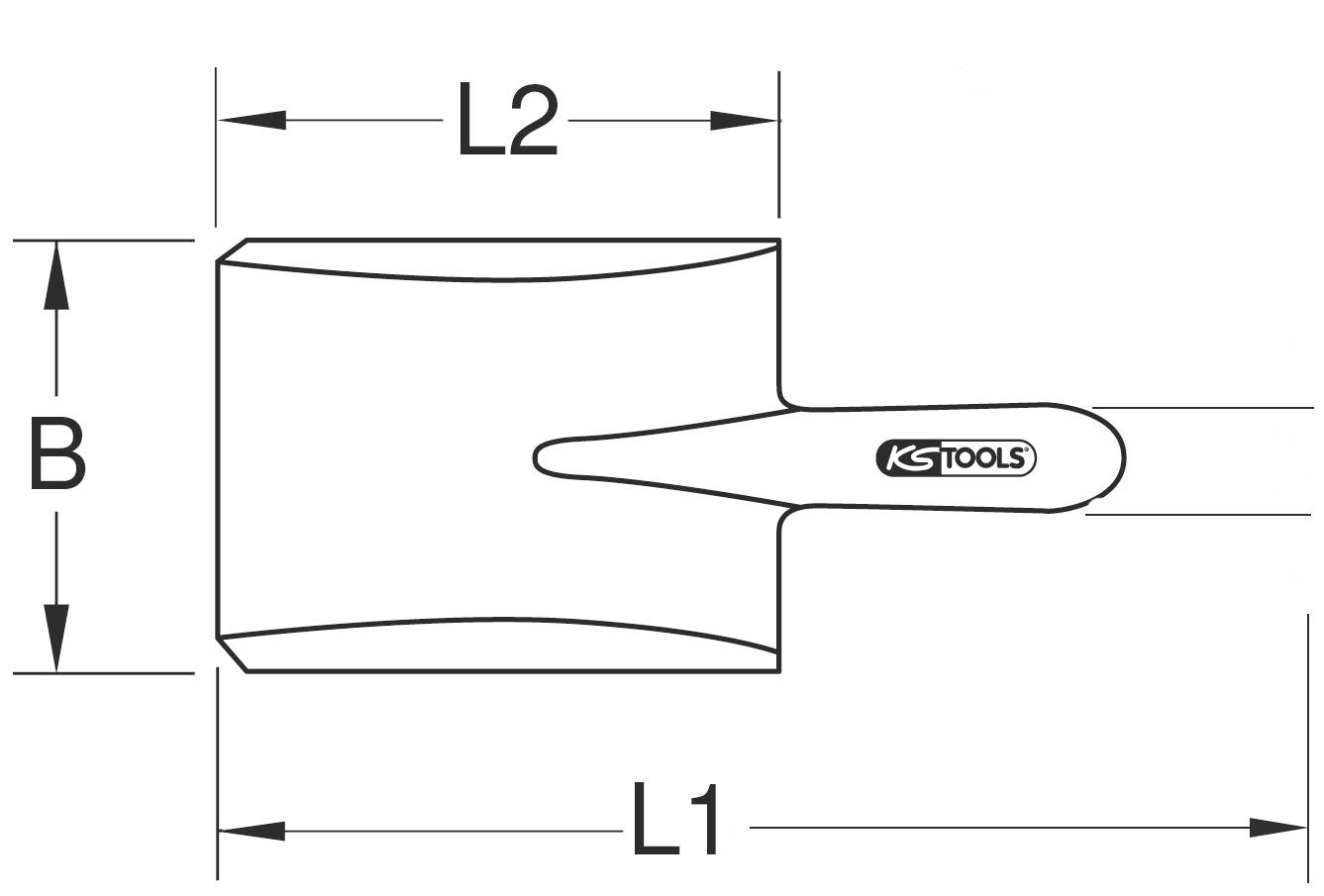 Werkzeug-Schema: flacher Spachtel, Maße L1 und L2 in Breite, B in Höhe. Griff rechtsseitig montiert mit 'KS Tools'-Logo.