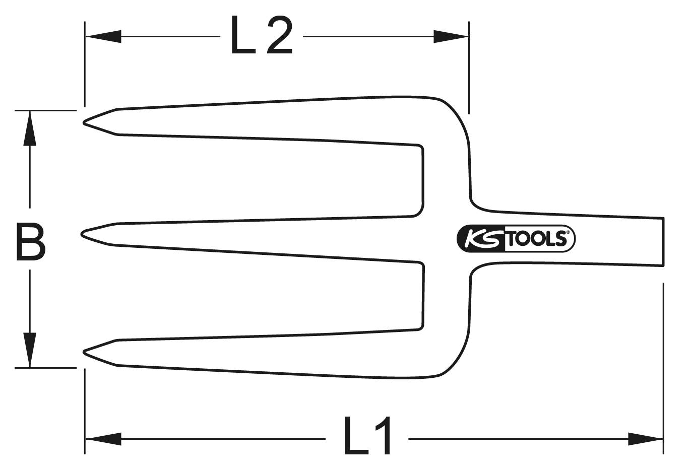 Abbildung einer Heugabel mit Maßen: Länge der Zinken (L2), Breite zwischen Zinken (B) und Gesamtlänge (L1). Markenlogo im Griff.
