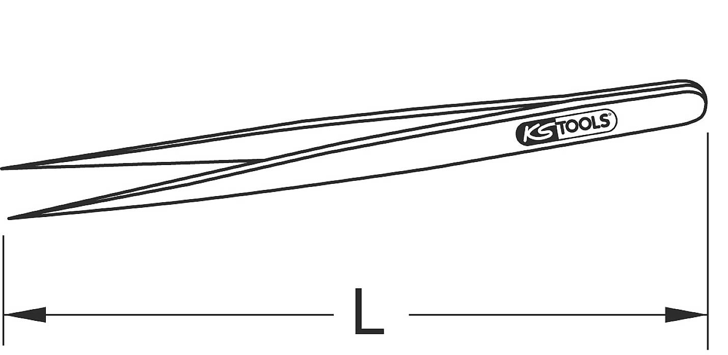Zeichnung einer Pinzette mit Markierung 'KS Tools'. Länge ist durch Pfeile am unteren Rand angezeigt.