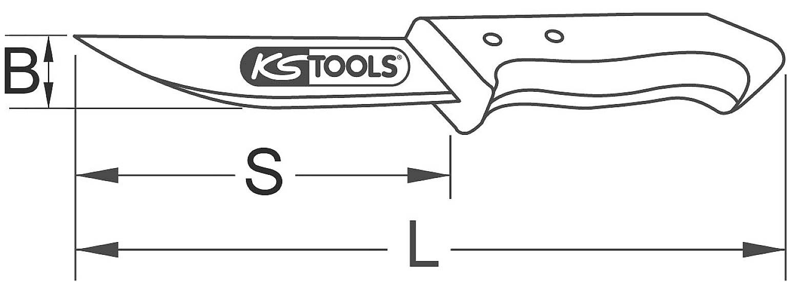 Zeichnung eines Messers mit der Aufschrift 'KS Tools'. Beschriftung der Klingenbreite B, Klingenlänge S und Gesamtlänge L.