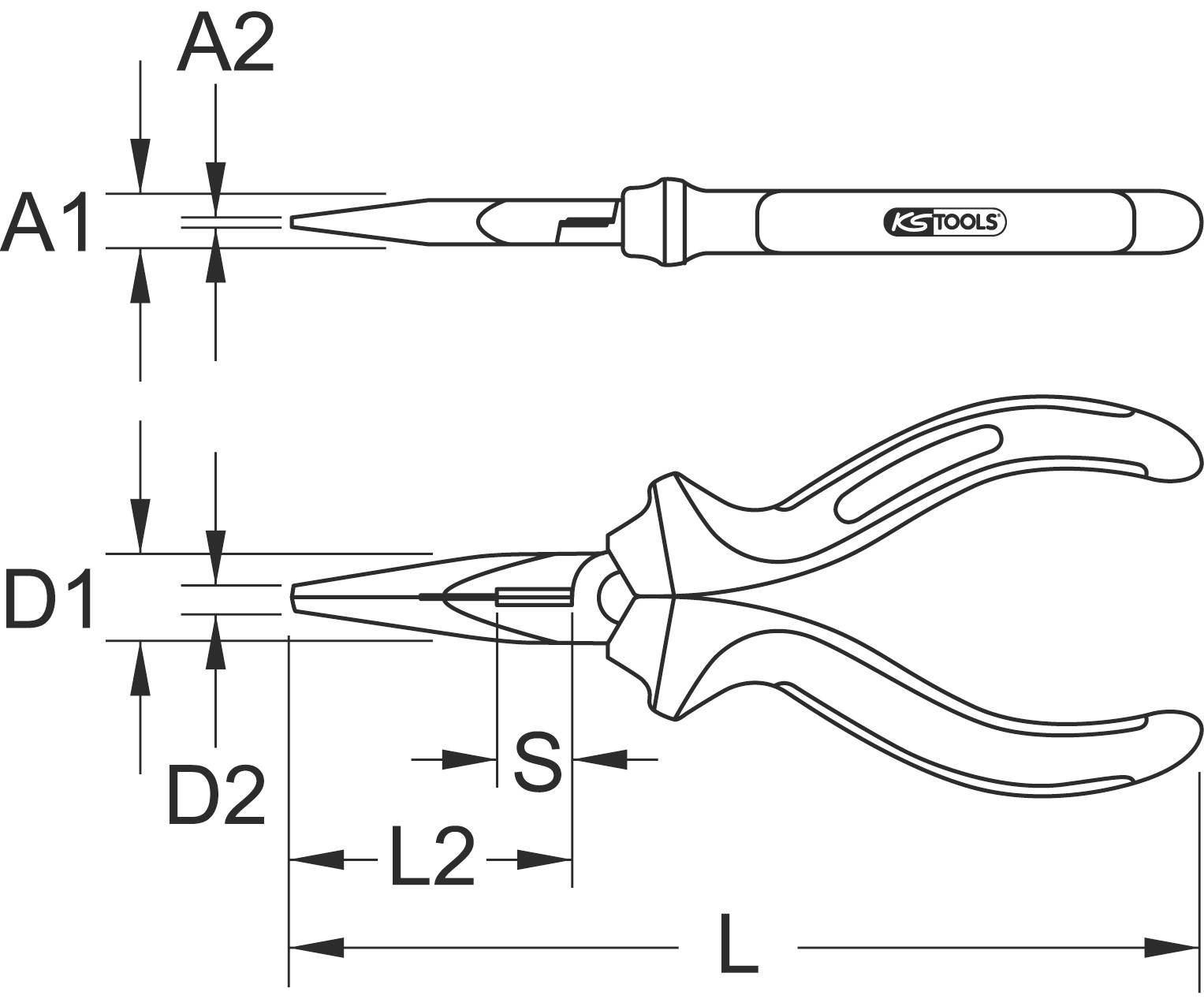 Technische Zeichnung einer Spitzzange mit Maßen. Zeigt Draufsicht und Seitenansicht mit Angaben zu Länge (L), Breite (A1, A2), Griffabstand (S), und Spitzenlänge (L2).