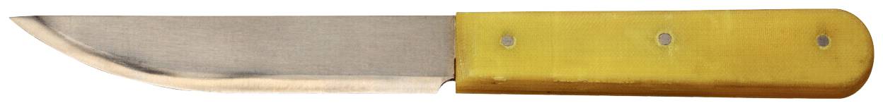 Messer mit gelbem Griff, diagonaler Blick, Metallklinge, helle, glatte Oberfläche, keine sichtbaren Marken oder Verzierungen.