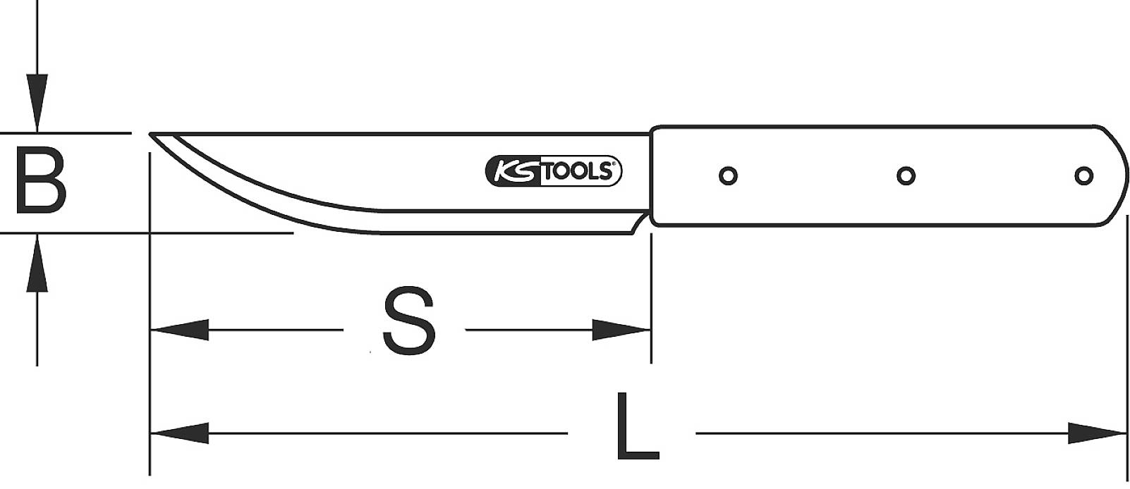 Abbildung eines Messers mit Markierung der Länge (L), Schneidenlänge (S) und Höhe (B); Logo 'KS Tools' auf dem Messer.