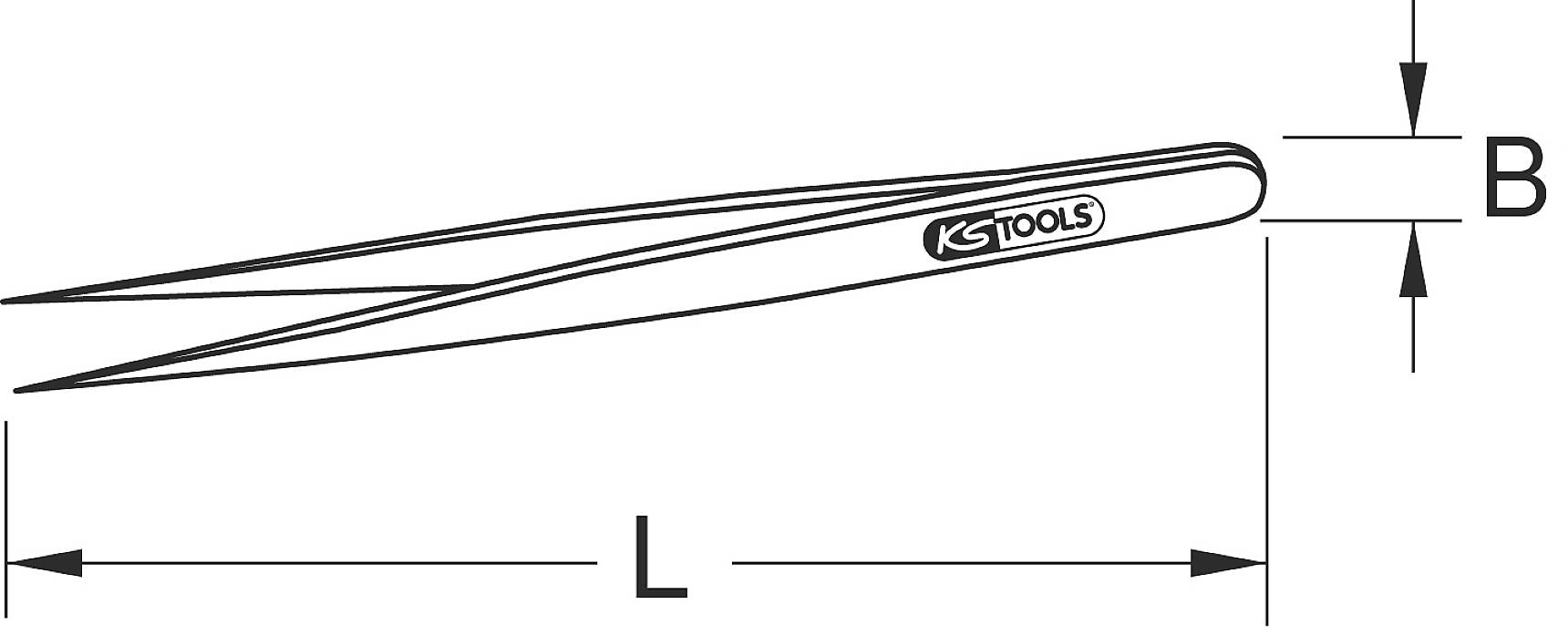 Zeichnung einer Pinzette von KS Tools, mit Längenmaß L und Breitenmaß B angegeben. Geeignet für präzises Greifen kleiner Objekte.