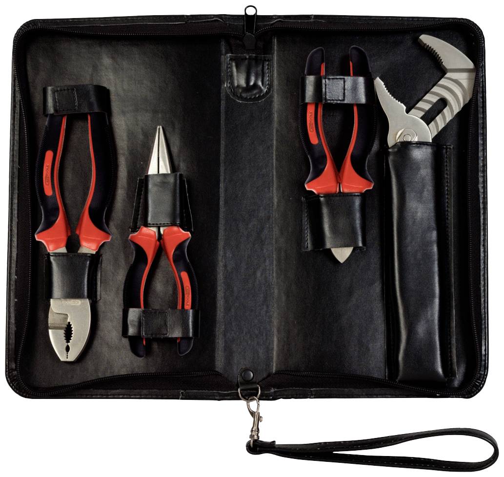 Ein geöffneter Werkzeugkoffer mit Zange, Spitzzange, Seitenschneider und Rohrzange in einem schwarzen Etui.