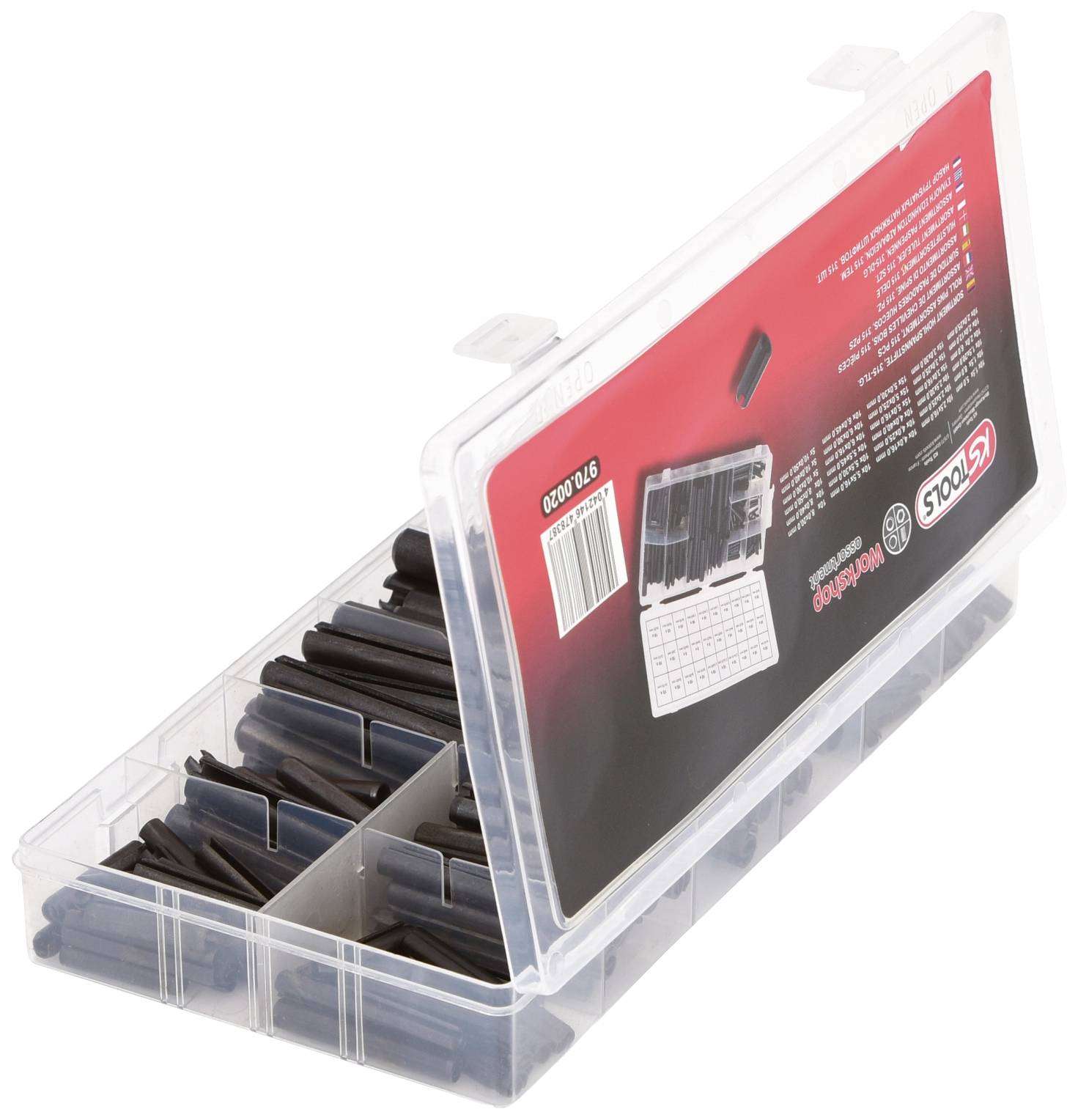 Eine transparente Kunststoffbox mit mehreren Fächern enthält schwarze Schrumpfschläuche. Die Box ist teilweise geöffnet und zeigt den Inhalt.