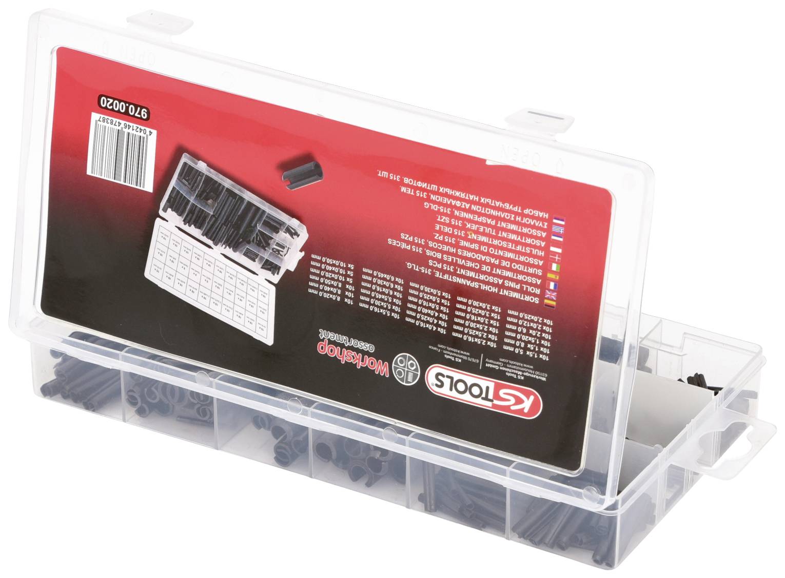 Transparente Kunststoffbox mit Sichtfächern, gefüllt mit Gummistopfen in verschiedenen Größen. Herstellerlogo und Tabelle auf der Verpackung.