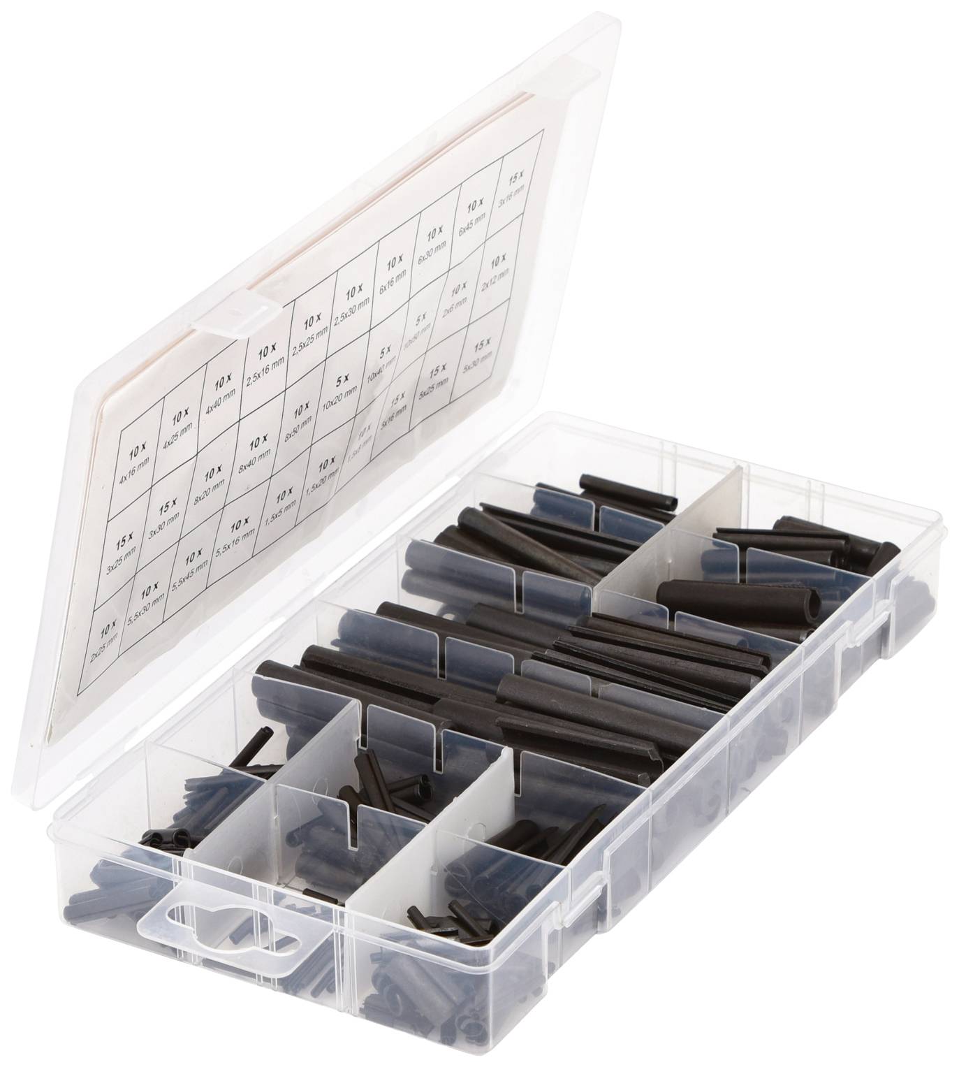 Transparente Plastikbox mit Fächern, gefüllt mit schwarzen und blauen Kunststoffteilen, möglicherweise Kabeldurchführungen.